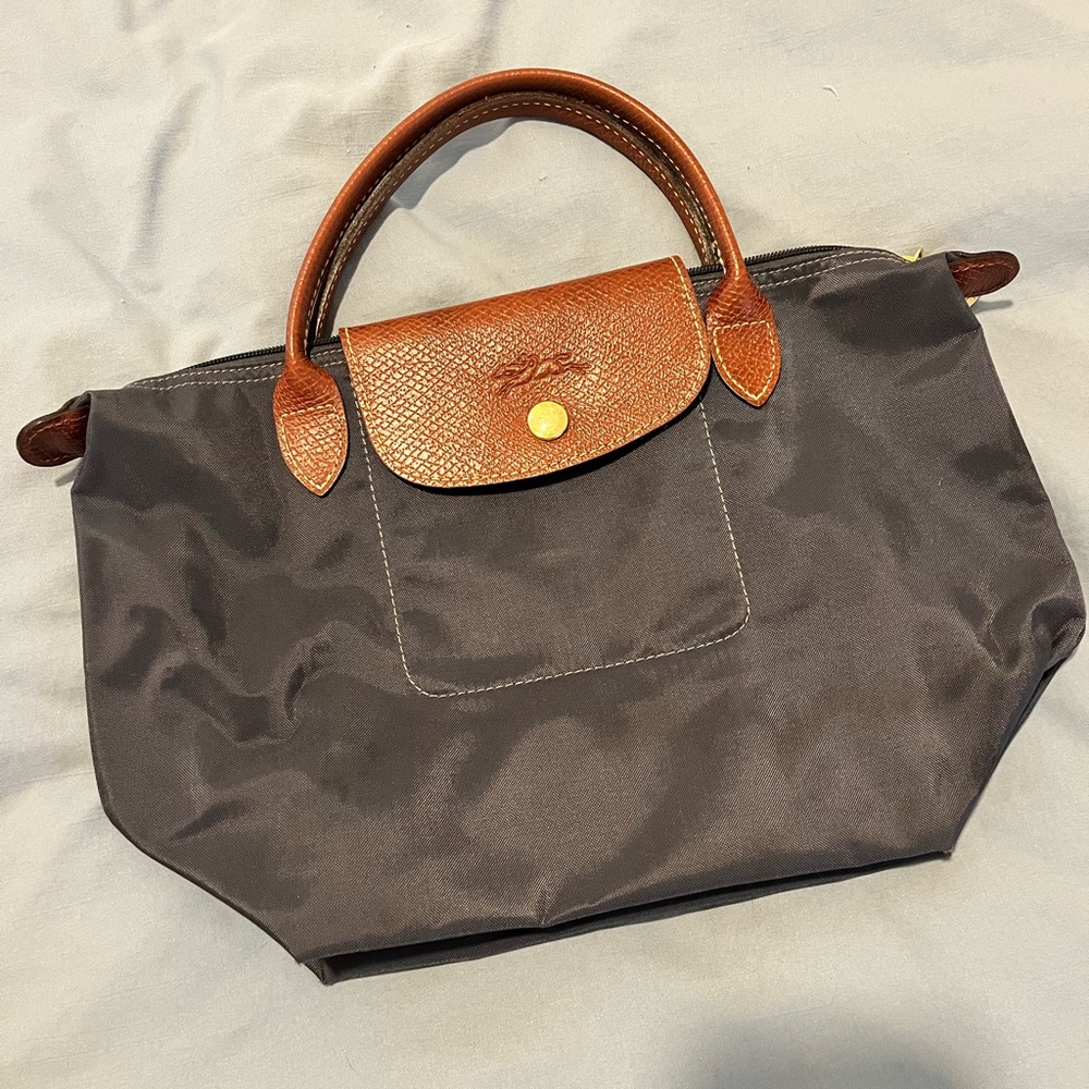Longchamp Small Le Pliage Dark Blue and Brown Tote Bag